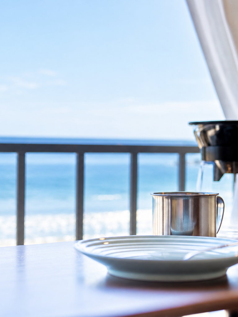 Coffee things on the counter, and the sea beyond the window