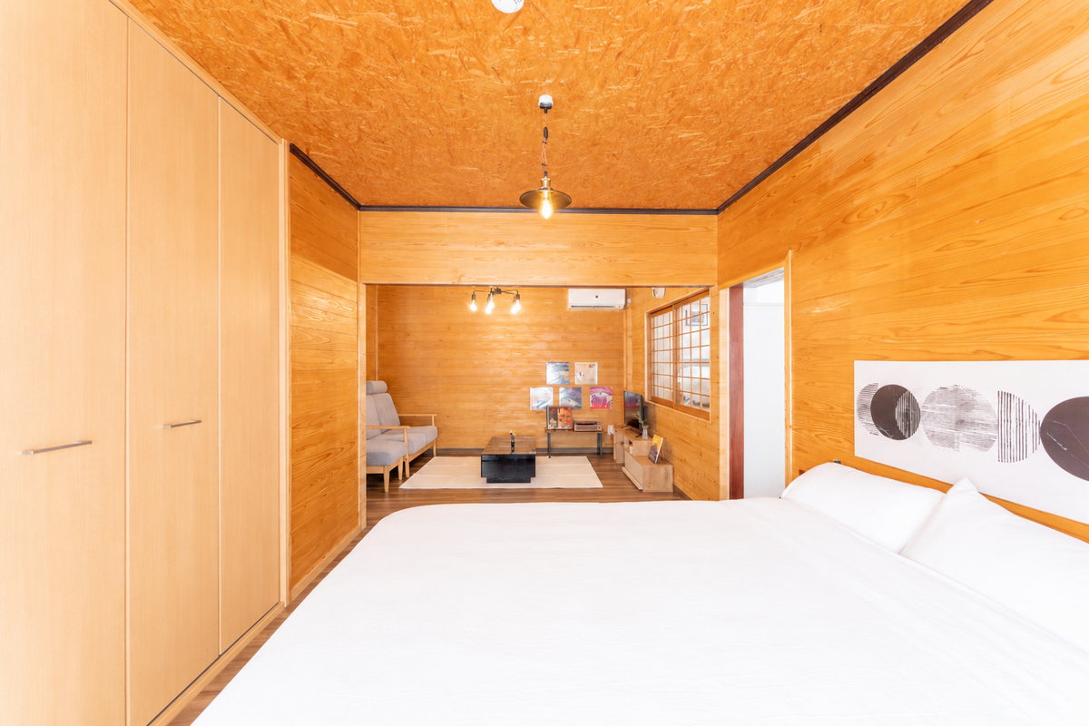 Looking from the timber bedroom towards the records