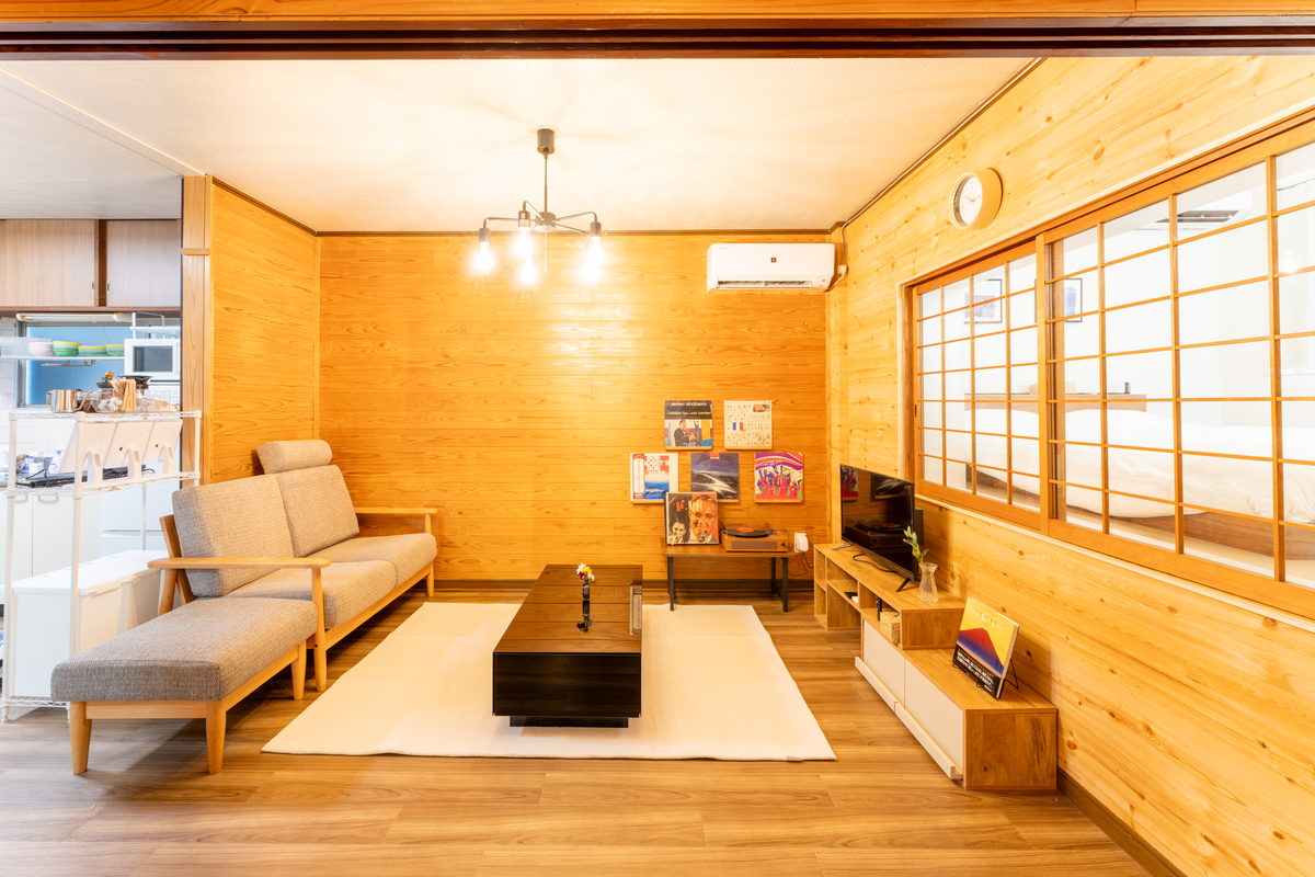 The living room with a sofa and low table