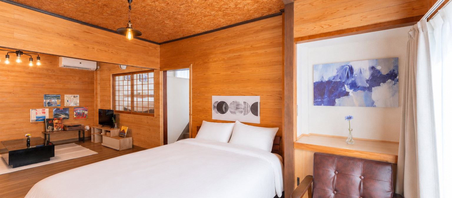 The timber-lined bedroom and a leather chair